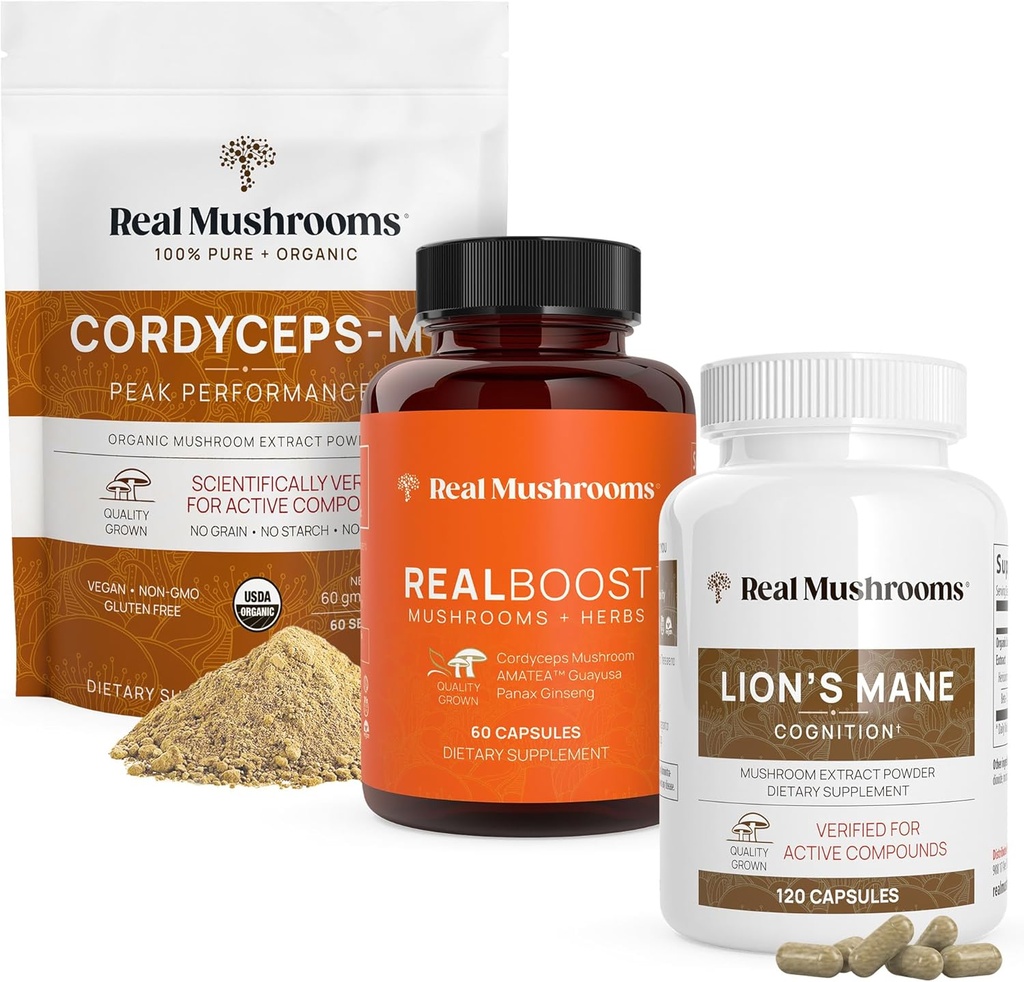 Ciuperci reale RealBoost (60ct), Lions Mane (120ct) & Cordyceps Mushroom Powder & Capsules Bundle - supliment de ciuperci pentru energie, Vitalitate, Rezistență și cunoaștere - Vegan, Non-GMO