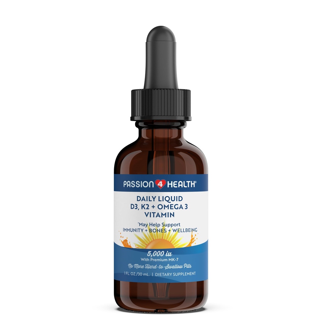 Pasiune 4 Sănătate lichid organic vitamina D3 K2 (Mk-7) + Omega 3 supliment - lichid vitamina D picături (5000UI) - Suport pentru oase sănătoase și mușchi