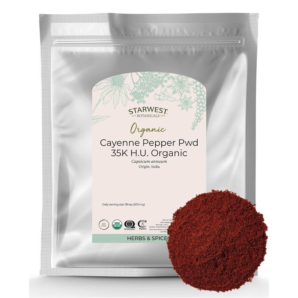 Starwest Botanicals Organic Cayenne Pepper Powder 35k HU - Adăugați căldură, Red Pepper Spice pentru Seasoning & Marinades, Derived from Capsaicin, Certified Kosher, Non-GMO - vrac 1 lb Bag