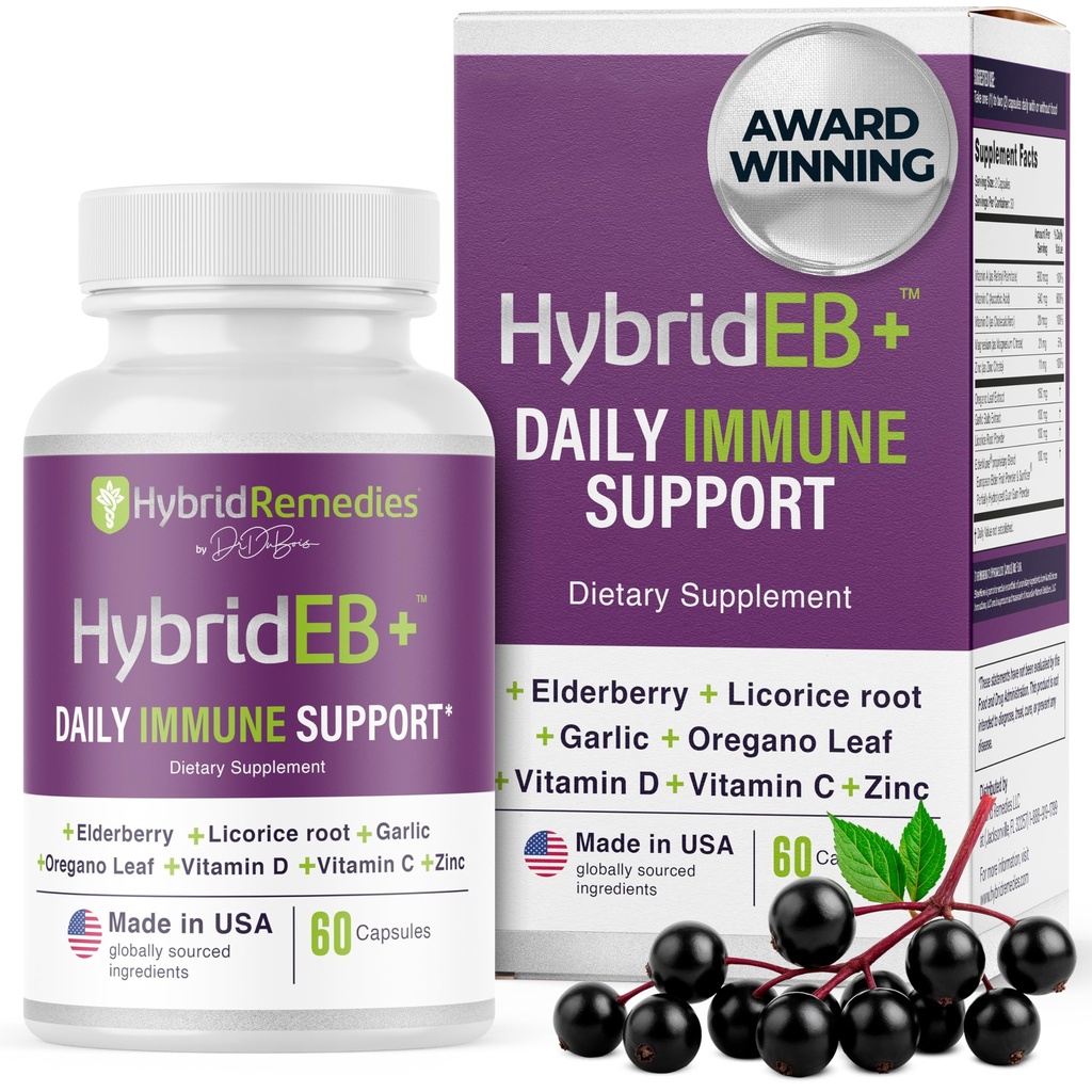 HibrideB Sambucus Elderberry Immune Support with Vitamina C, Zinc, Vitamina D3 - Antioxidant & Imunitate Supliment, 1 lună de aprovizionare - 9 in 1 Black Elderberry Kids and Adulți - 60 capsule