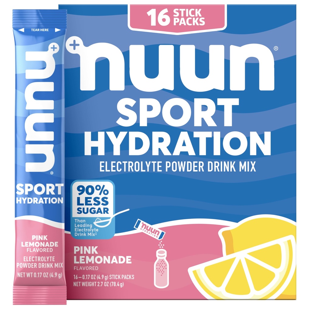 Nuun Sport Electrolit Pachete de pulbere cu magneziu, calciu, potasiu, clor și sodiu, Pachete de Hidratare pentru On-the-Go, Aroma de limonadă roz, Gluten gratuit & Vegan, 16 Serviri simple