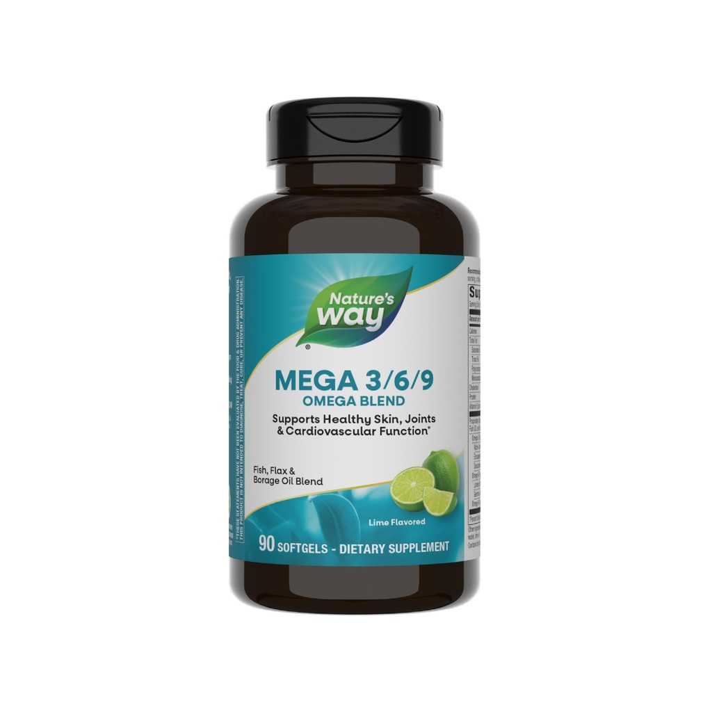 Natura's Way Mega 3/6/9 Omega Blend, Sprijină Pielea Sanatos, Articulații, Funcția cardiovasculară*, Pește, Flax, Ulei de Boraj, 90 Aroma de var Softgels (Packing May Vary)