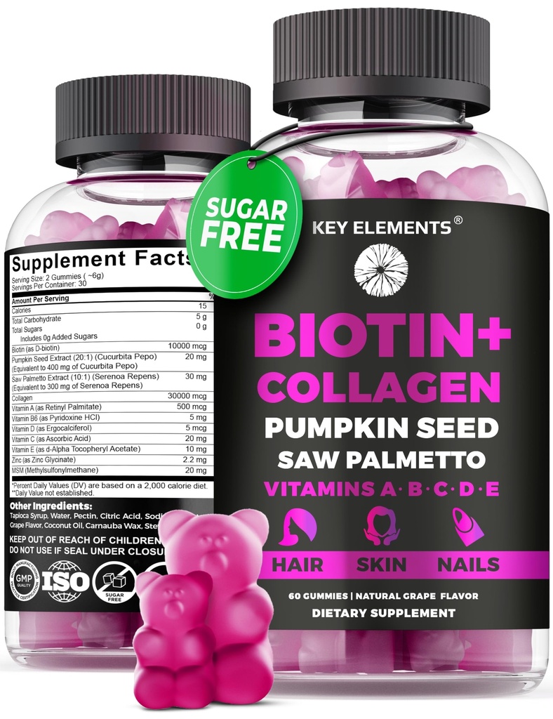 Pielea de păr și unghii 10000mcg Gume și gume de colagen - Vitamine de biotină pentru creșterea părului ulei de dovleac, Extract de Palmetto și vitamine Saw A B6 C D E - Suplimente Biotina și Colagen