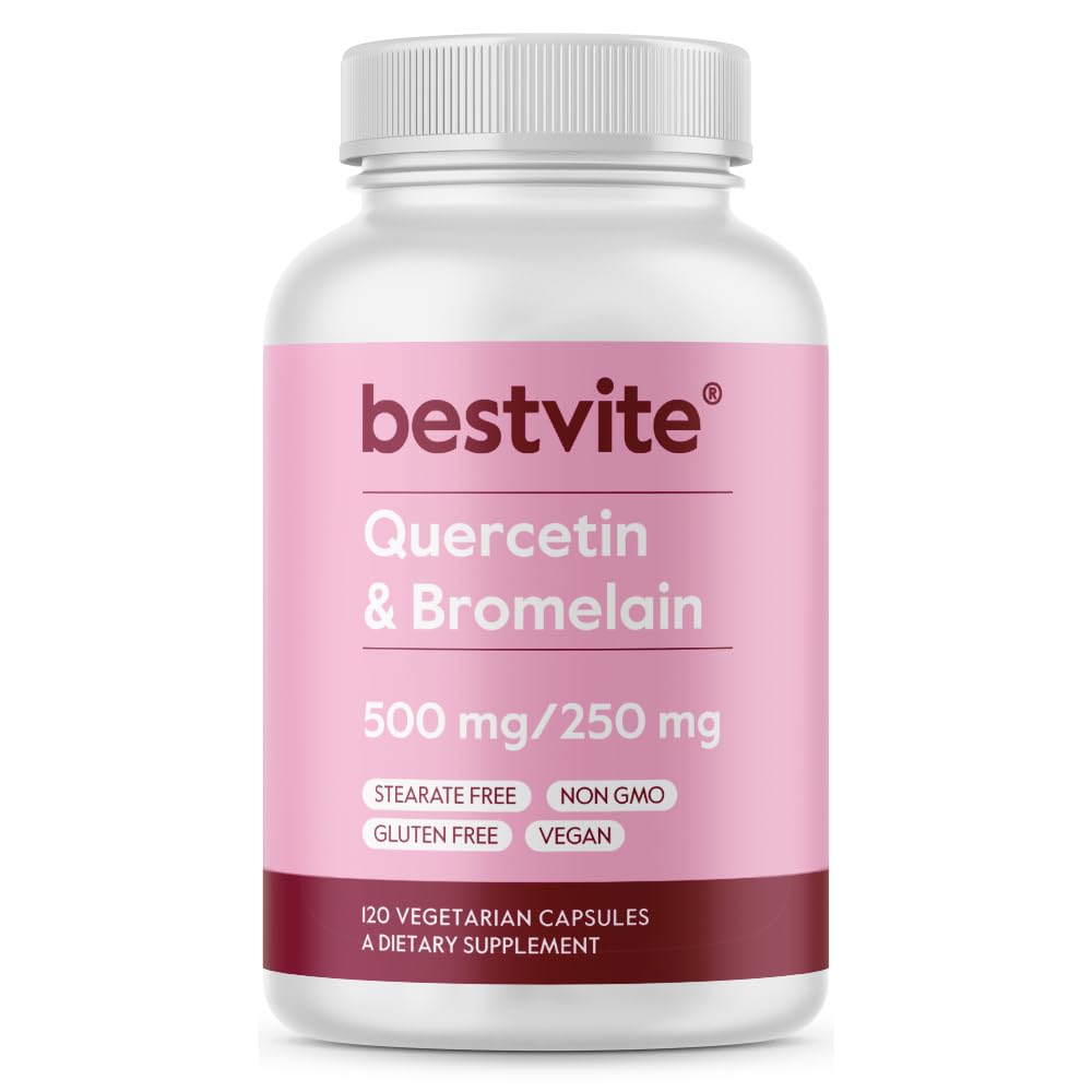 BESTVITE Querbetin cu Bromelain 500mg/250mg (120 capsule vegetariene) - Fără Stearete - Fără oxid de siliciu - Vegan - Negung-Glob liber