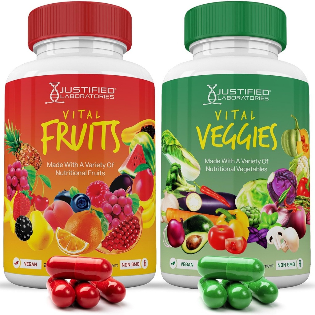 Laboratoare Justifiate (Set de 2 fructe și legume Vital Supliment Red & Green Superfoods Alimente întregi Non OMG Vegan prietenos 180 Capsule vegetale 2 sticle