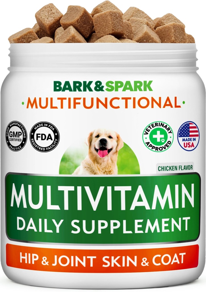 BARK&SPARK caine vitamine si suplimente - Multivitamine tratate masticabile pentru câini - Glucosamină Chondroitin pentru suport comun + Omega pentru piele si haina + Probiotice - Multi Vitamina pentru animale de companie de sănătate - 120Ct