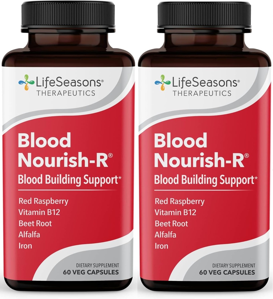 LifeSeasons Blood Nourish-R - Supliment de fier - Necontaminare - Suportă anemie, oboseală, paloare și amețeală - Clădirea sângelui - Fier, Alfalfa, Zmeură și vitamina B-12-60 Capsule (Pachet de 2)