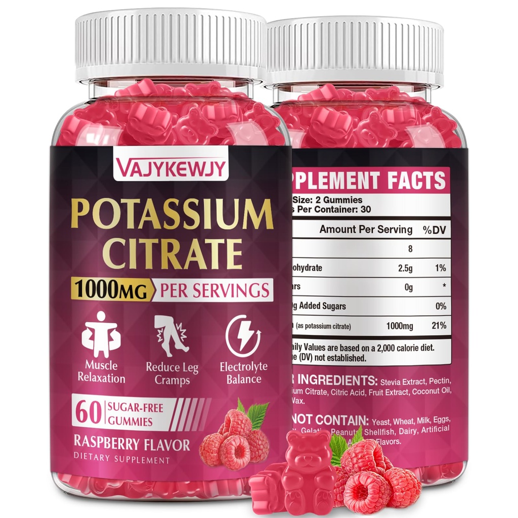 Potasiu Citrate Gummies, supliment de potasiu ridicat (1000 mg), Suporturi Crampe picior & sanatate musculara, Potrivit pentru adulți și copii, Vegan, non-GMO, 60-conte