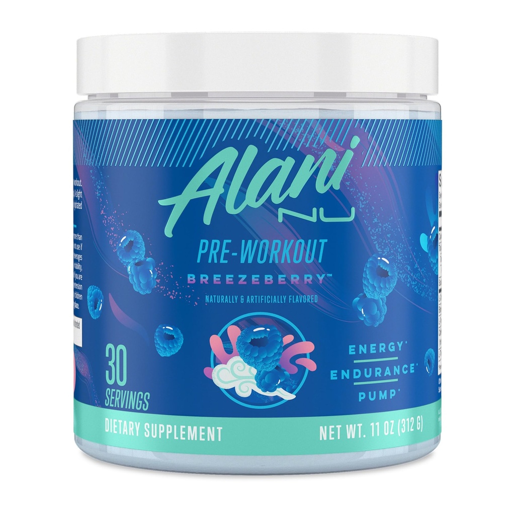 Alani Nu Pre Workout Powder BREZEBERY, Amino Energy Boost, Endurance Supplement, Sugar Free, 200mg Caffeine, L-Theanine, Beta-Alanine, L-Citrulline, 30 Servings