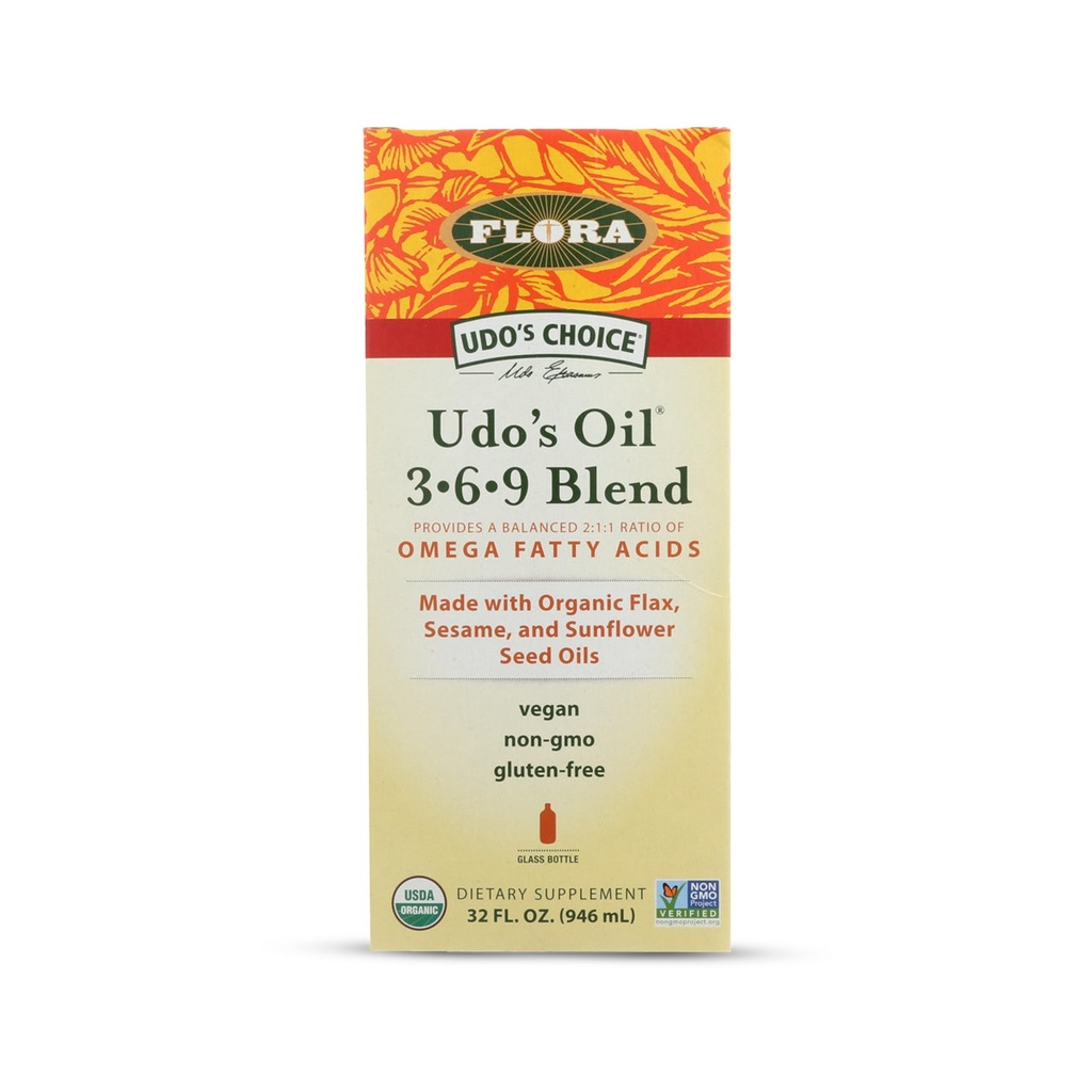 Ulei Flora Udo 3-6-9 Blend - Vegan Omega-3-6, conține nucă de cocos organică, ulei de semințe de in și mai mult - Păstrați răcit - 32 fl. oz.