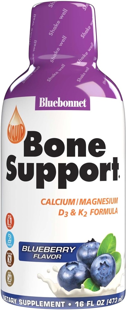 Bluebonnet Nutriție Liquid Bone Support Citrat de calciu, Citrat de magneziu, Vitamina D3, K2, pentru sănătatea oaselor, Non OMG, Gluten gratuit, Soy gratuit, lapte fără, kosher, 32 Serviri, Aroma de afine, 16 Fl Oz (Pachet de 1)
