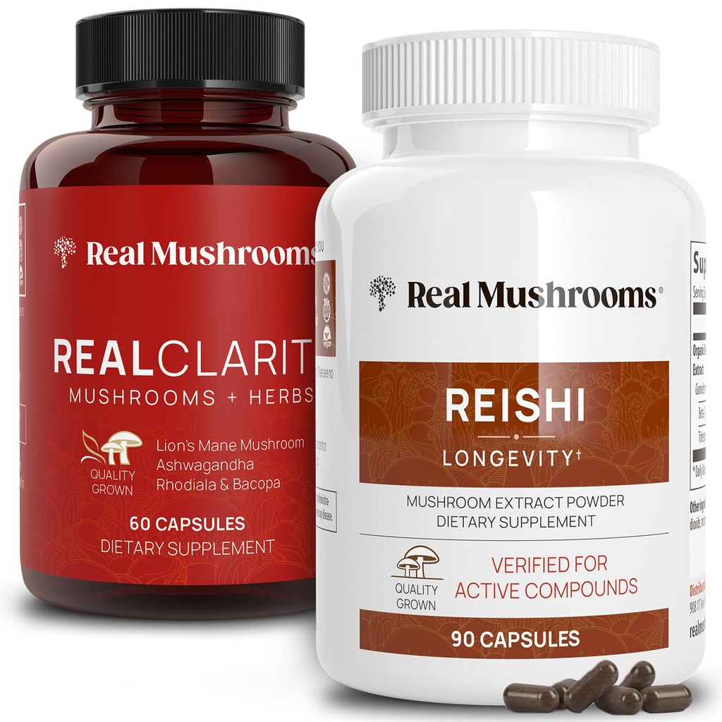 Ciuperci reale RealClarity (60ct) și Reishi (90ct) Capsule Bundle - supliment de ciuperci pentru Claritatea Mentala, Focus, Relaxare, Somn & Longevity - Vegan, Non-GMO, Niveluri verificate de Beta-Glucani