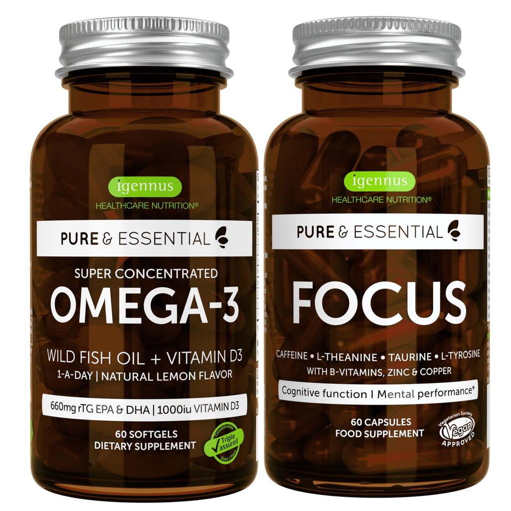 Omega-3 & Vitamin D3 1000iu + Focus Brain Booster Bundle, Fast-Action 1-a-Day EPA & DHA RTG Wild Fish Oil + Caffeine, L-Theanină, Tarine & L-Tyrosine, B-Vitamins, Zinc & Copper, de Igennus