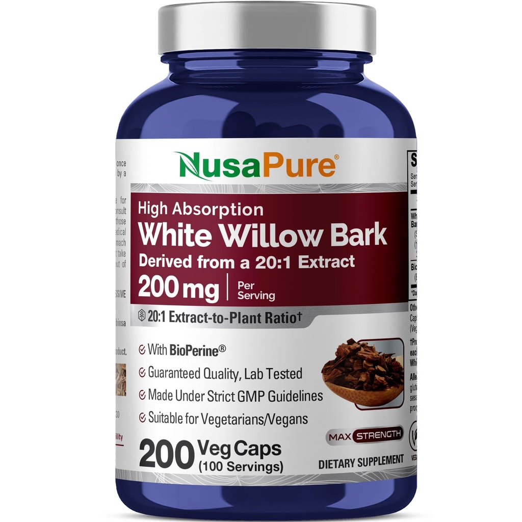 NusaPure White Willow Bark 20:1 Extract, 200 mg echivalent cu 4000 mg, 200 Veggie Capsule, Max Putere, (non-GMO, Vegan)