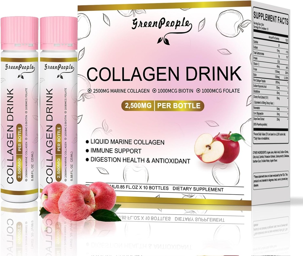 GREENPEOPLE Colagen lichid pentru femei și bărbați, Colagen de pește Peptide + Acid hialuronic + vitamina Bs & C, cuie de păr Articulații Suport oase (0,85 fl oz, 10 sticle, Apple)