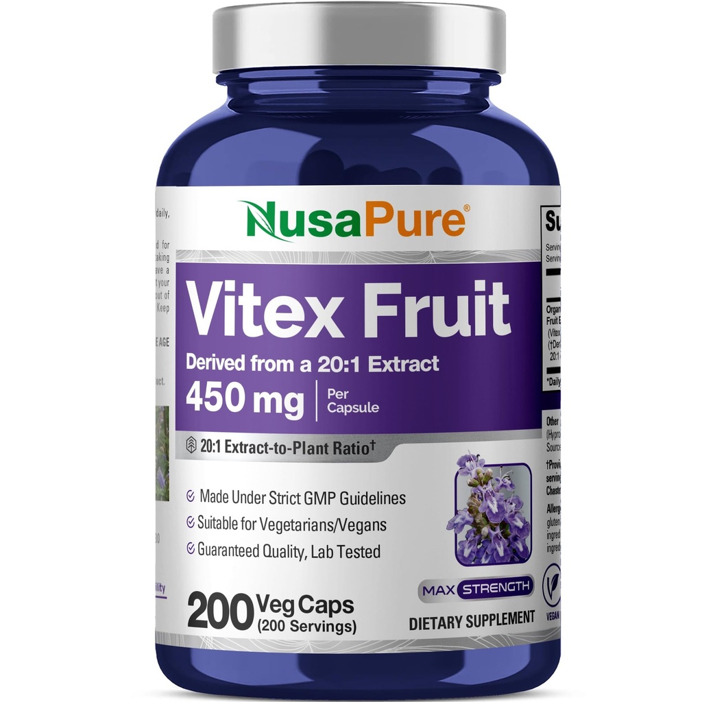 NusaPure Vitex Chasteberry Fruit 20:1 Extract, 450 mg echivalent cu 9.000 mg 200 capsule Vegane - non-GMO, Supliment alimentar Vegan
