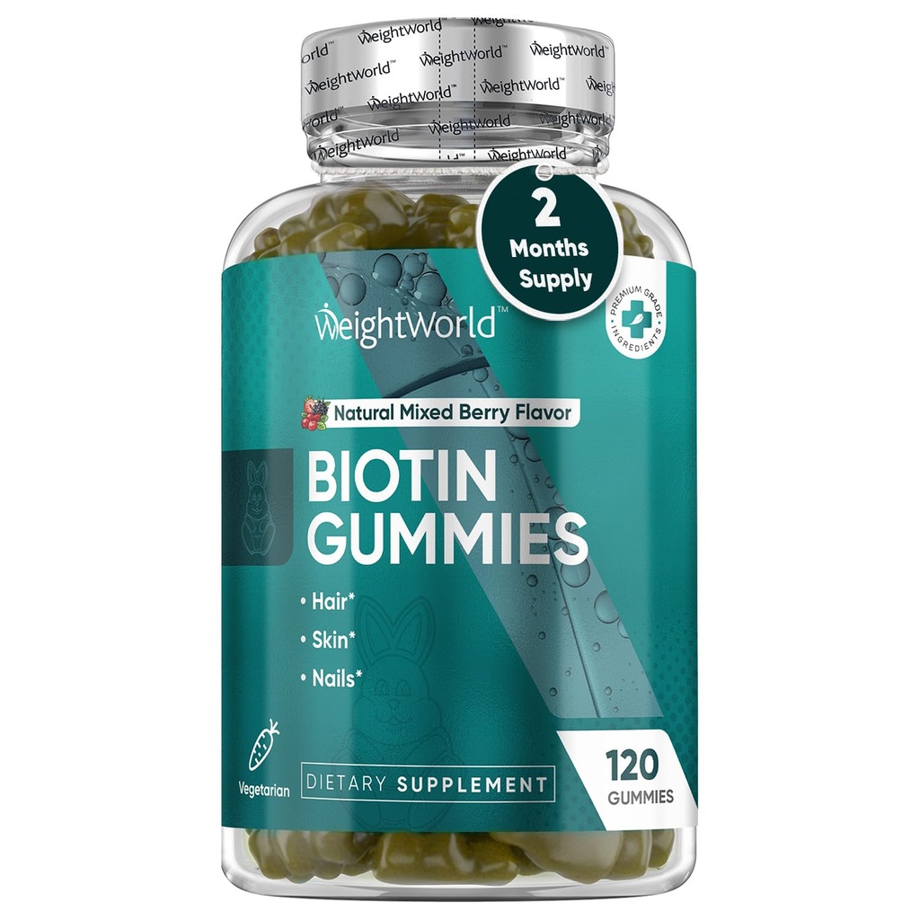 GreutateWorld Biotin Gummies pentru păr, piele & unghii 5000mcg - 120 Conte (60 de serviri) - Suplimente de biotină pentru femei și bărbați - Berry amestecat naturale aroma Biotin Gummy - Vegetarian & Third-Party testat