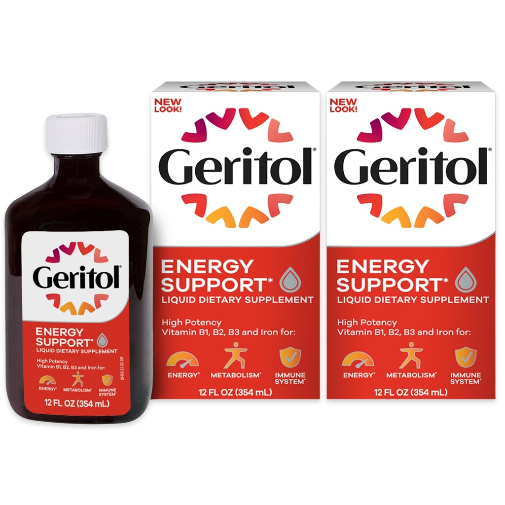 Geritol lichid Vitamina si Suplimentul de fier, Suportul energetic, Contine mare potenta B-Vitamina si fier, Degustare placuta, Usor de inghitit, Fara indulcitori artificiali, Non-GMO, 12 Oz, 2 Pack