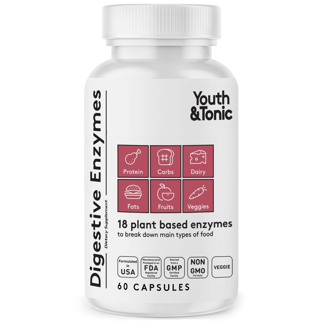 Enzime digestive pentru tineret și tonic cu Amylase Bromelain Lipase Lactase Protează Papain - Enzime avansate ale plantelor de digestie pentru descompunerea alimentelor Sănătatea stomacului - Femei și bărbați - 60 Pastile vegetale