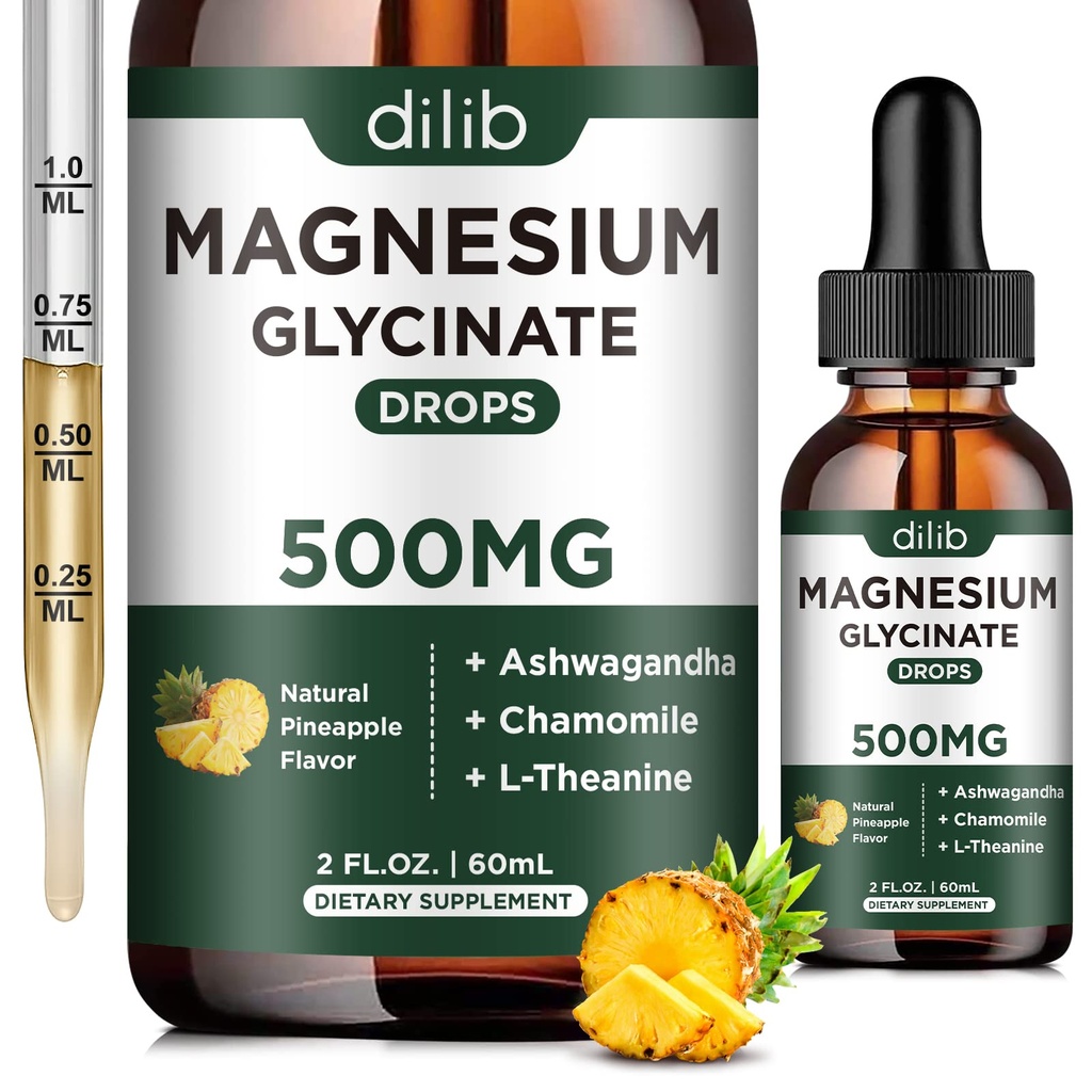 Magneziu Glicinate 500mg - Picături de magneziu lichid, Ashwagandha, L - Theanină, Mușețel - Calm și stres Ajutor, Relaxare, Somn odihnitor, Muscle Heart Health, Vegan - 2 Fl Oz (30 de zile)