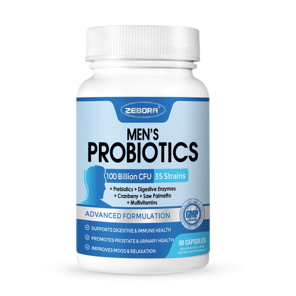 ZEBORA Probiotice pentru barbati 100 Miliarde CFU - Probiotice pentru sanatate digestiva, Suplimentul probiotic pentru barbati, Prebiotice si Enzime, pentru sanatatea prostata cu palmetto ferastrau 90 Veg capsule