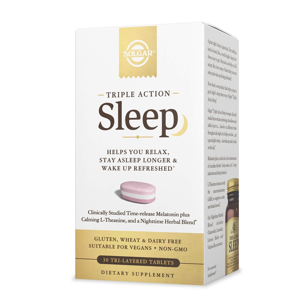 Solgar Triple Action Sleep, 30 Tri-Layer Tablets - Time-Release Melatonin & L-Theanin Plus Herbal Blend - Te ajută să te relaxezi, să dormi rapid și să dormi mai mult - Non-GMO, Gluten Free - 30 Servings