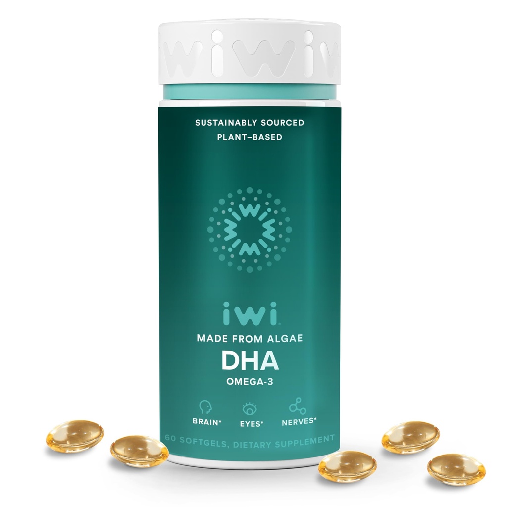 Iwi DHA Omega-3, 60 Softgels (30 Servings), Algae Omega 3, Brain, Eyes & Nnervy System Support Supliment alimentar, Krill & Fish Oil Alternative, No Fishy Aftergust