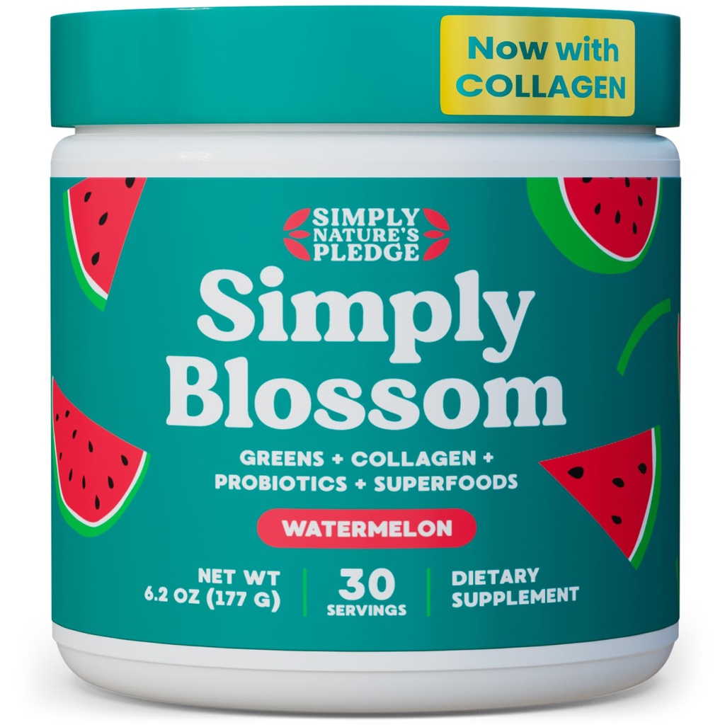 Pur și simplu Blossom Nutrition Daily Greens & Superfood Powder + Colagen + Probiotice pentru femei Digestive Health & Blooting Relief. Ajutor pentru sănătatea dumneavoastră Bloom - 30 zile de aprovizionare - pepene verde