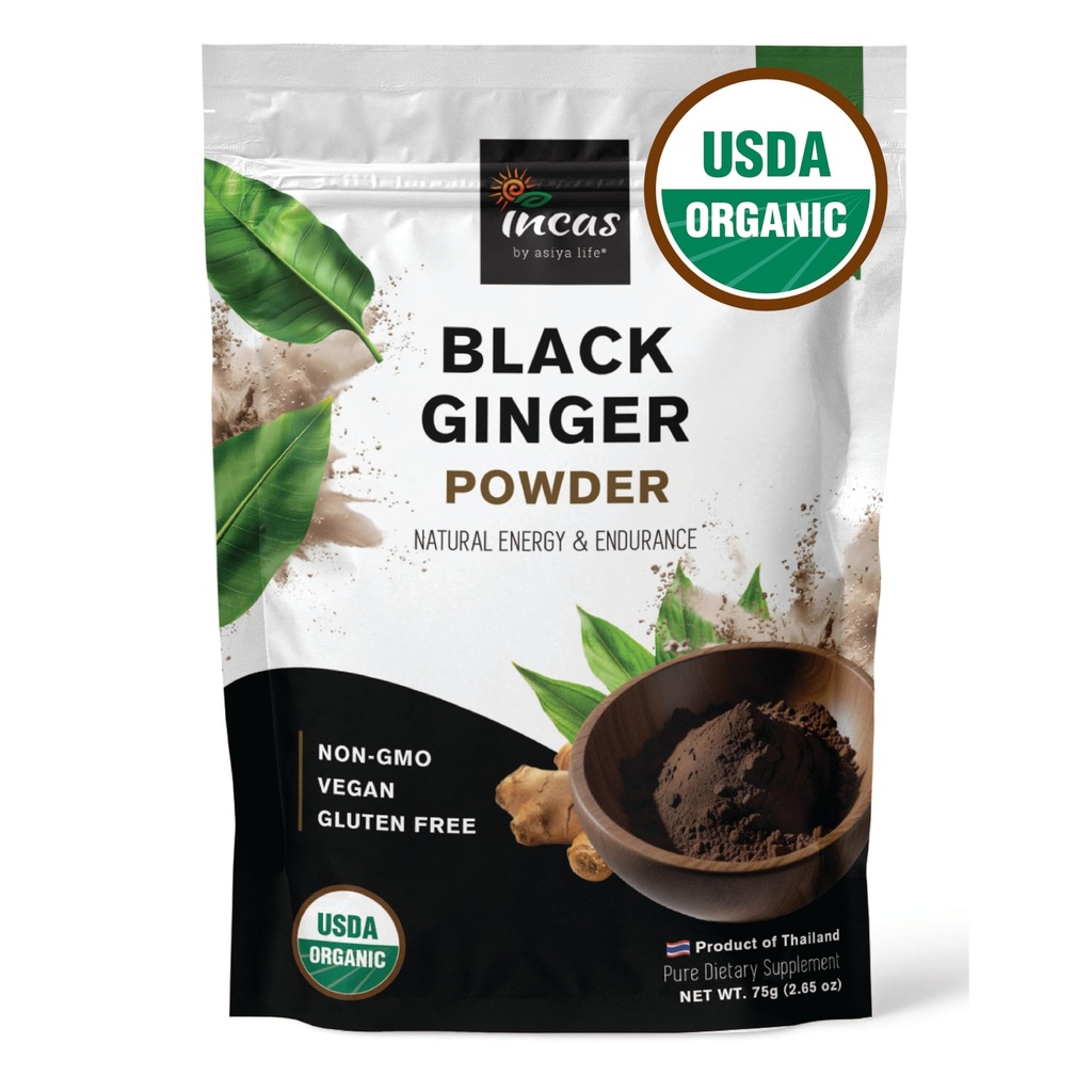 INCAS 100% USDA Organic Thai Black Ginger Powder pentru bărbați 2.65 Ounce din Thailanda Non OMG Suplimentul vegetal verificat pentru energie naturală și rezistentă