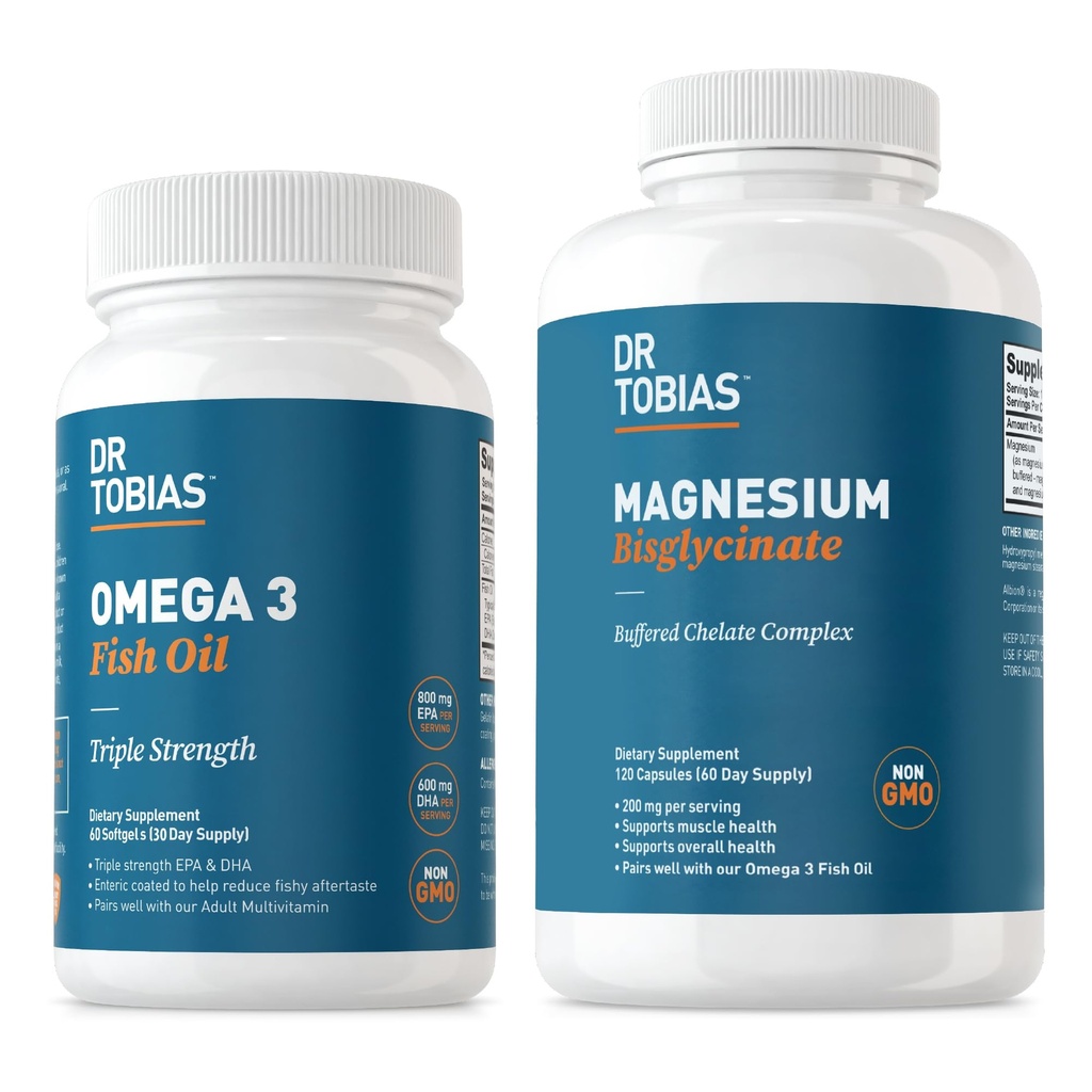 Dr. Tobias Omega 3 Suplimente de ulei de pește și magneziu Bisglicinat, Absorbție ridicată, Suporturi Inimă, Creier, Imun, Energie, Mușchi, Sănătate osoasă și comună, Non-GMO