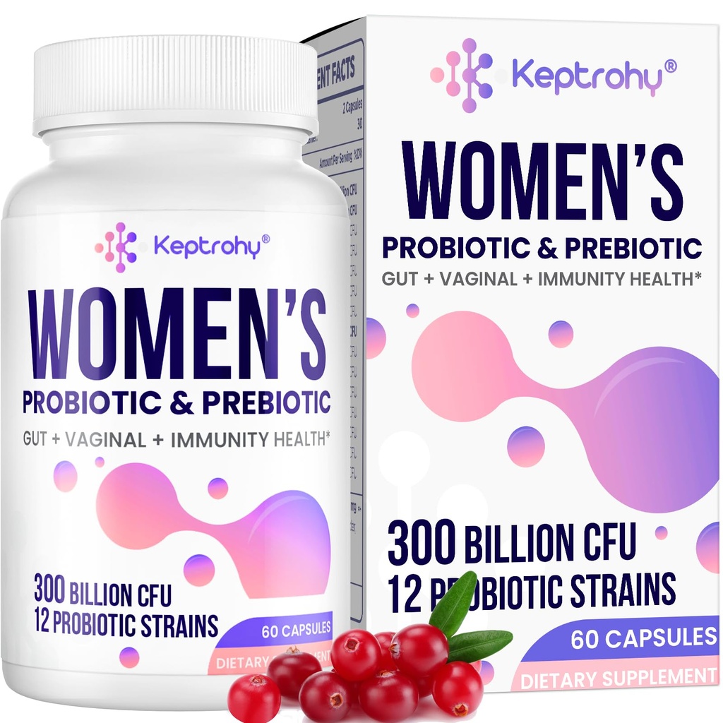 Probiotice vaginale pentru femei - 300 miliarde CFU 12 tulpini Probiotice cu prebiotic, Extract organic de cranberry zilnic Probiotic pentru femei vaginale, urinare, digestive, gut, imune sănătate, 60 capsule