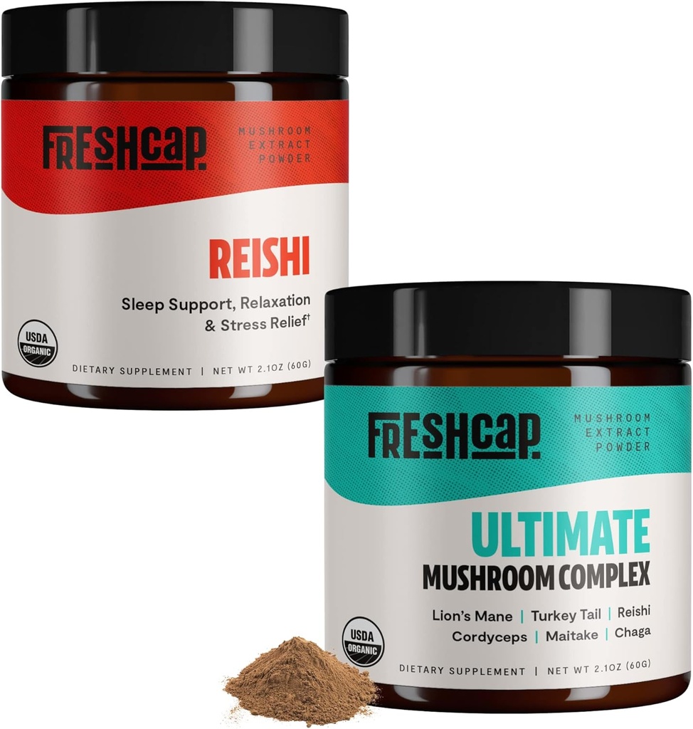 FreshCap Ciuperci Stress Bundle (Pudră Reishi și Ultimate Mushroom Complex Powder)