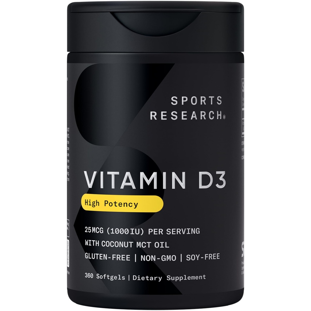 Cercetare sportivă Vitamina D3 1000iu (25mcg) Infuzat cu ulei de nucă de cocos ~ Suport imun și osos ~ non-GMO verificat, Soy & Gluten gratuit (360 Mini lichid Softgels)