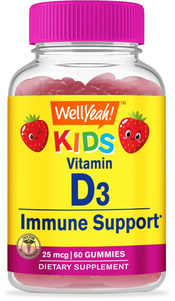 WellDah Kids Vitamina D3 Gumiile - 1000 UI (25 mcg)- Sustine rezistenta si imunitatea osoasa - non-GMO, gluten-gratuit - Aroma de capsuni - Supliment nutritional - 60 Serviri