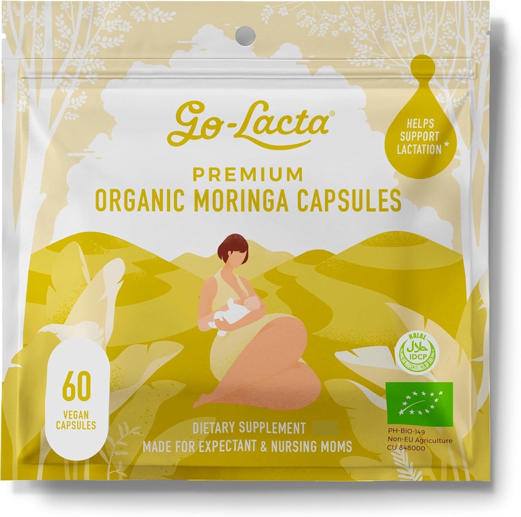 Go-Lacta® 100% Capsule organice Moringa pentru mame alaptate - 60 capsule - Vitamine pure premium postnatale - Suplimente pentru alaptare pentru cresterea ofertei de lapte - Vitamine postpartum pentru femei