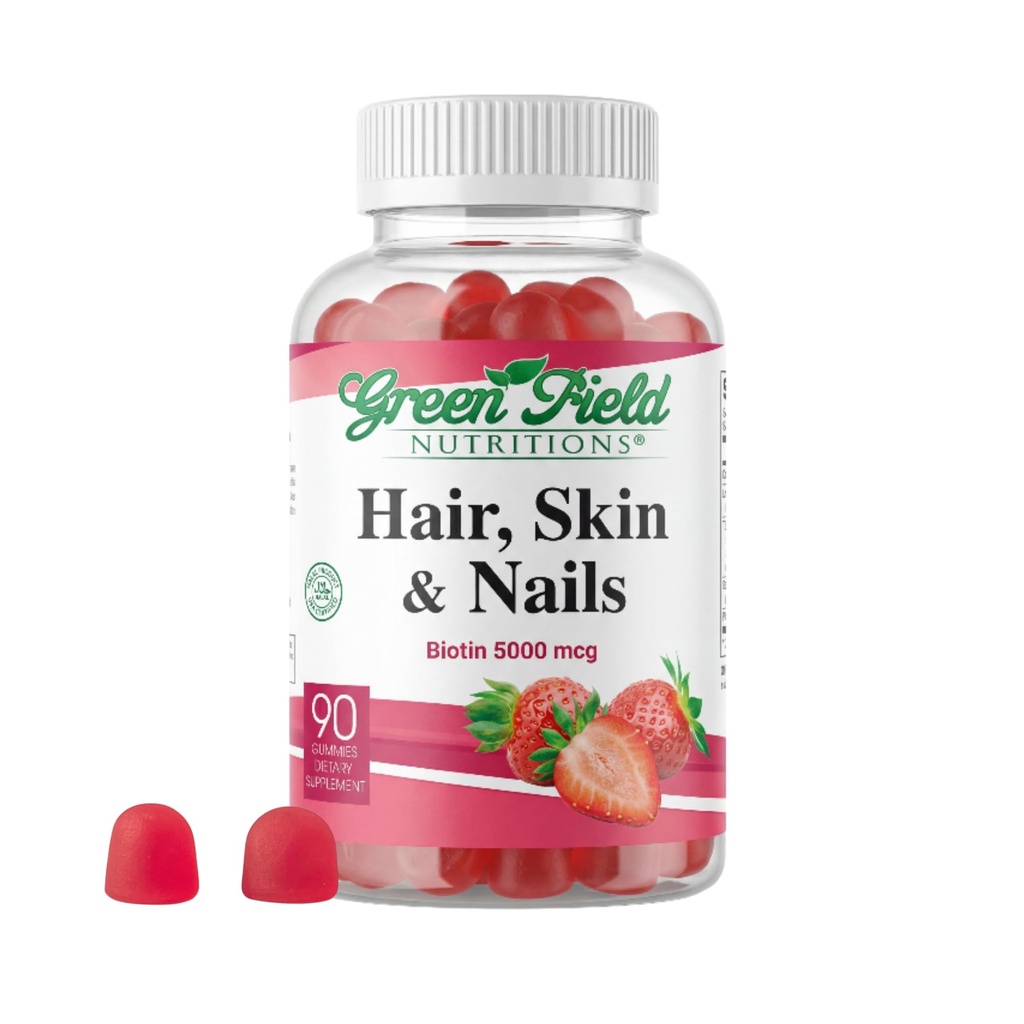 Greenfield Nutriții - Halal Biotin Gumies Vitamina pentru păr, piele și unghii, susține metabolismul gras, creșterea părului, unghii puternice și piele curată, Gelatină gratuit, non-GMO, și gluten gratuit - 90 Gume