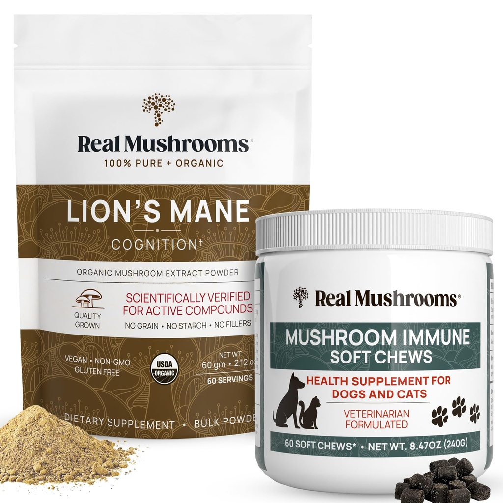 Ciuperci reale Lions Mane pulbere pentru oameni (60g) și ciuperci Immune Pet Chews (60ct) - Bundle pentru cunoaștere și imunitate - Ashwagandha, Astragalus & More - Vegan, Non-GMO, Gluten-Free, Grain-Free