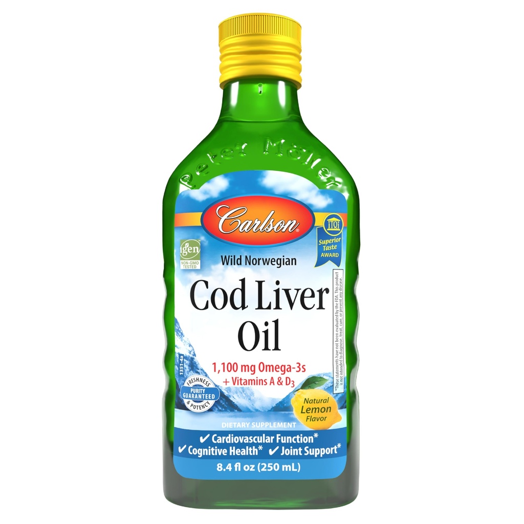 Carlson - Cod Ulei de ficat, 1100 mg Omega-3s, supliment de ulei de pește lichid, Arctica sălbatic-prinsă, Sustenabil de surse nordice lichid, Lemon, 250 ml