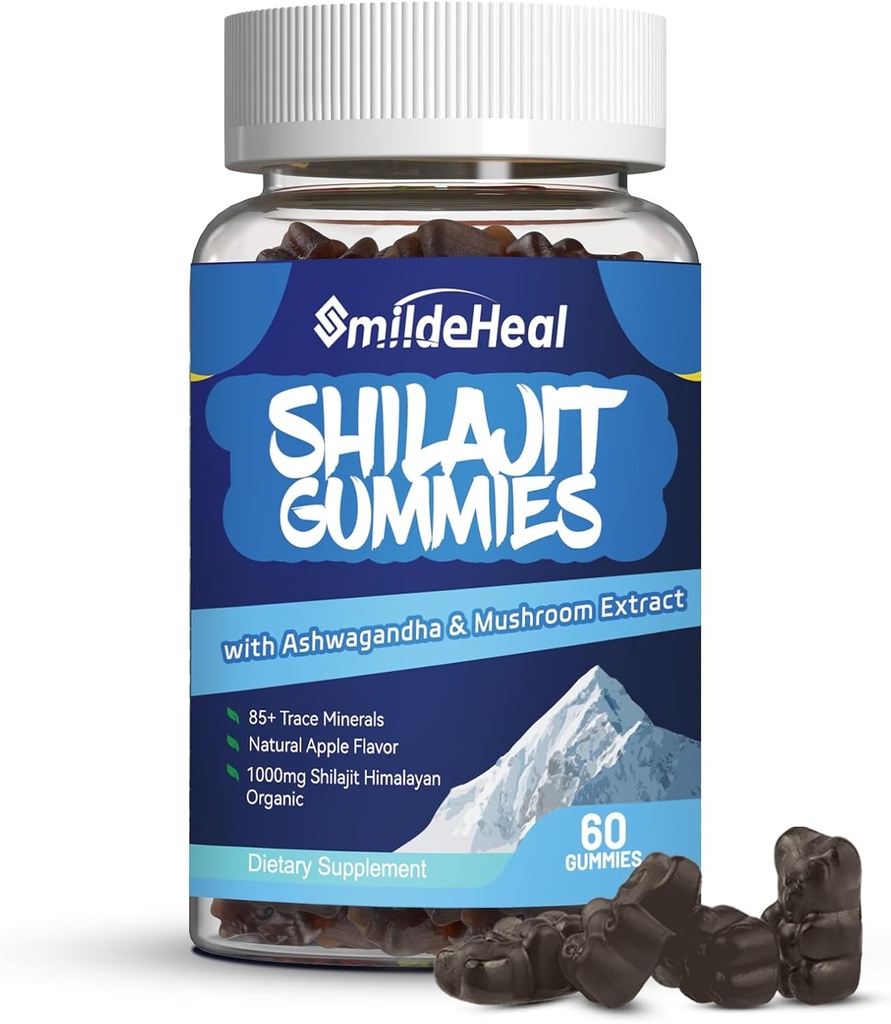 Silajit Gummies 1000 MG, Organic Silajit Supliment, 85+ Trace Minerale, cu Ashwagandha, Mushroom - Energie, Brain, Suport Imunitate, pentru barbati si femei - 60 Conte