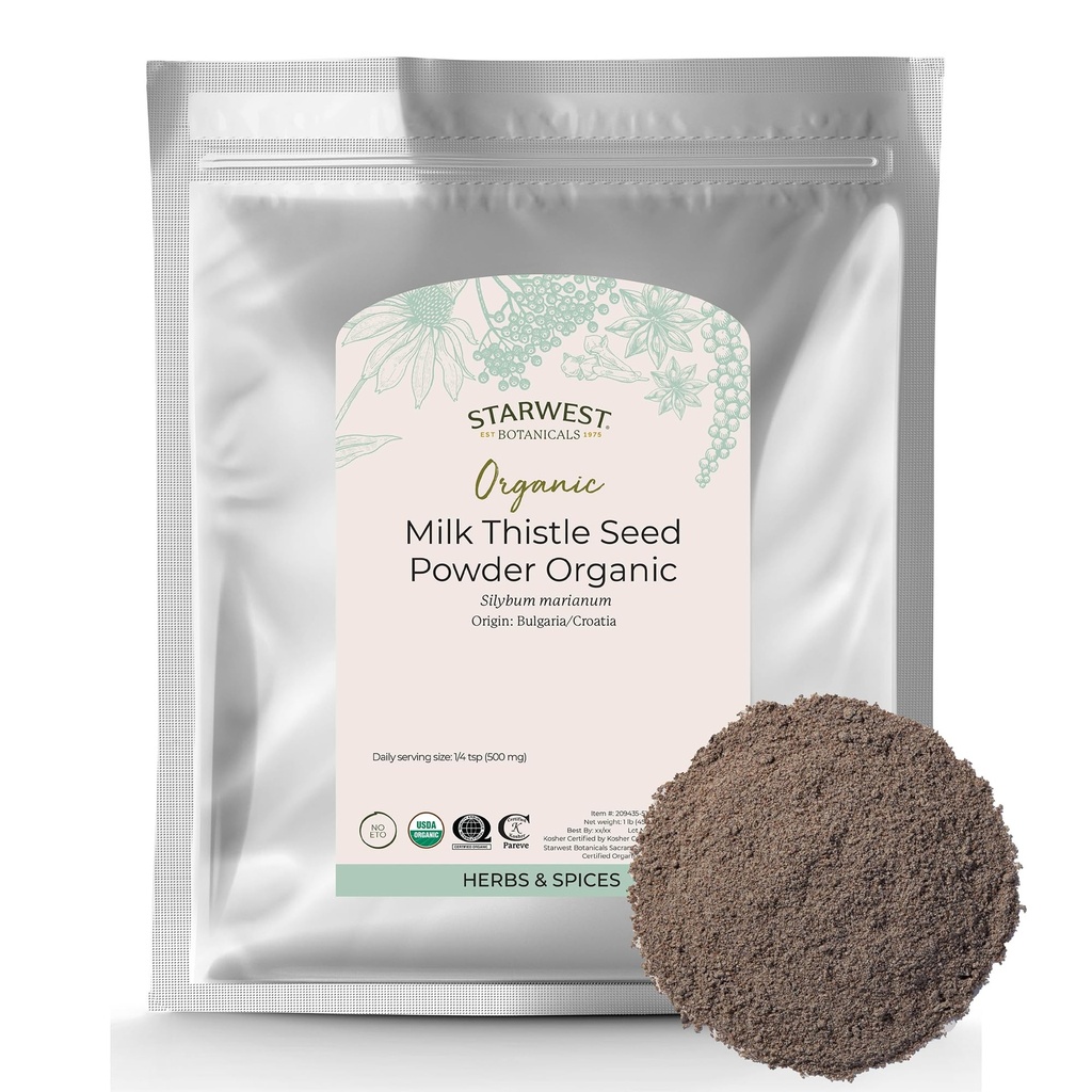 Starwest Botanicals Lapte organic praf de ciulin - Mulge de lapte la sol pentru ceai & Cooking, Se amestecă în suc, Se adaugă la piureuri, fulgi de ovăz, & iaurt, Certified Kosher, Non-GMO - vrac 1 lb sac