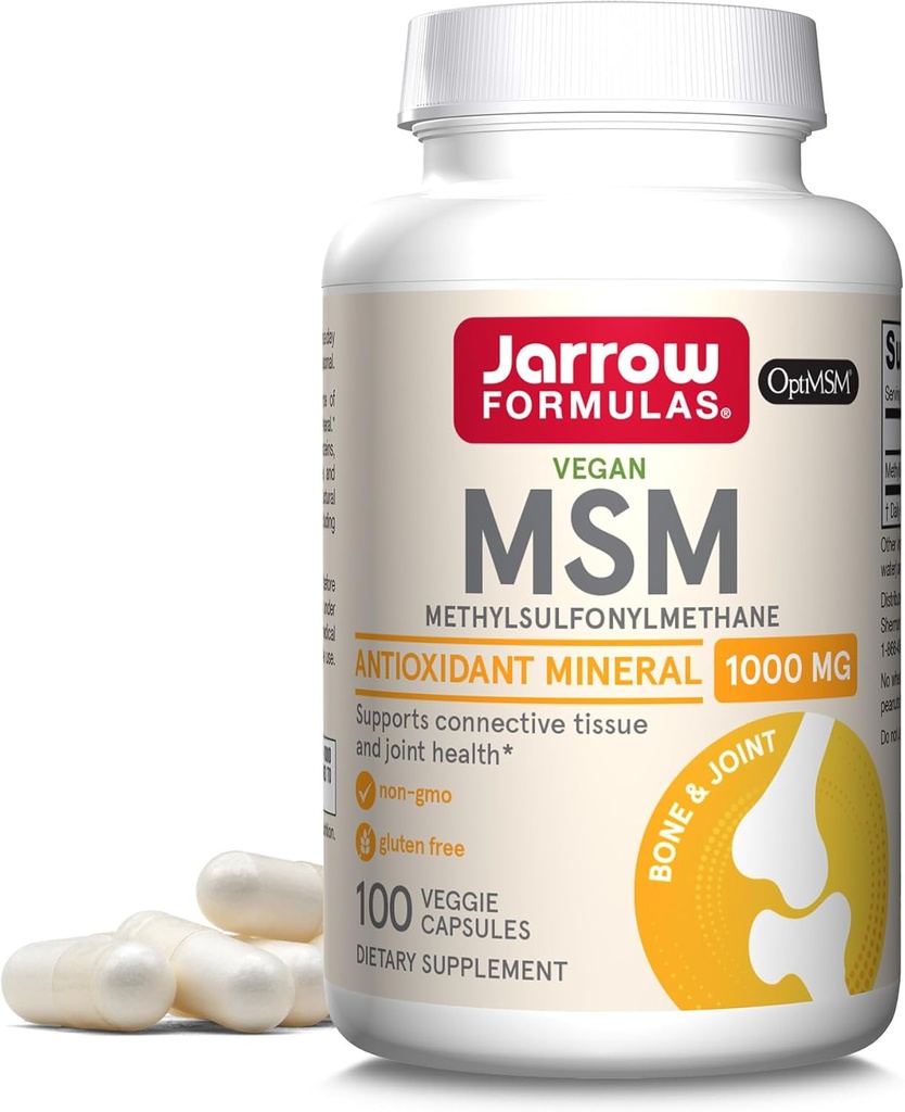 Jarrow Formulas MSM 1000 mg - 100 Veggie Capsule - Metilsulfonilmetan - Sursa de sulf - Supplement Dietary Supports & Consolidează Articulații - Până la 100 Serviri