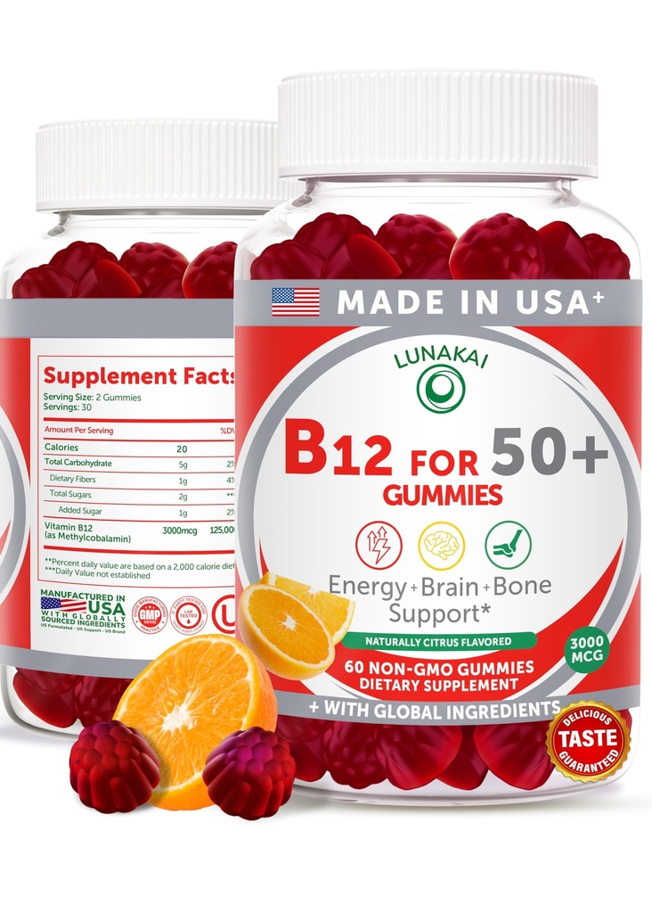 Lunakai SUA Made Vitamina B12 Gummies pentru adulți 50+, Non-GMO B12 pentru energie & Vitality Boost, Delicious Orange Flavor, 60ct