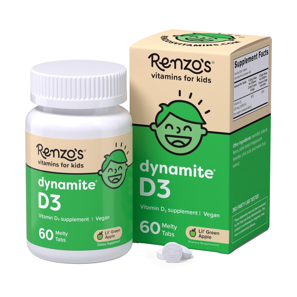 Renzo's Dynamite Vitamina D3, Dsolving Kids Vitamina D3, 60 Sugar-Free Melty Tabs, Lil