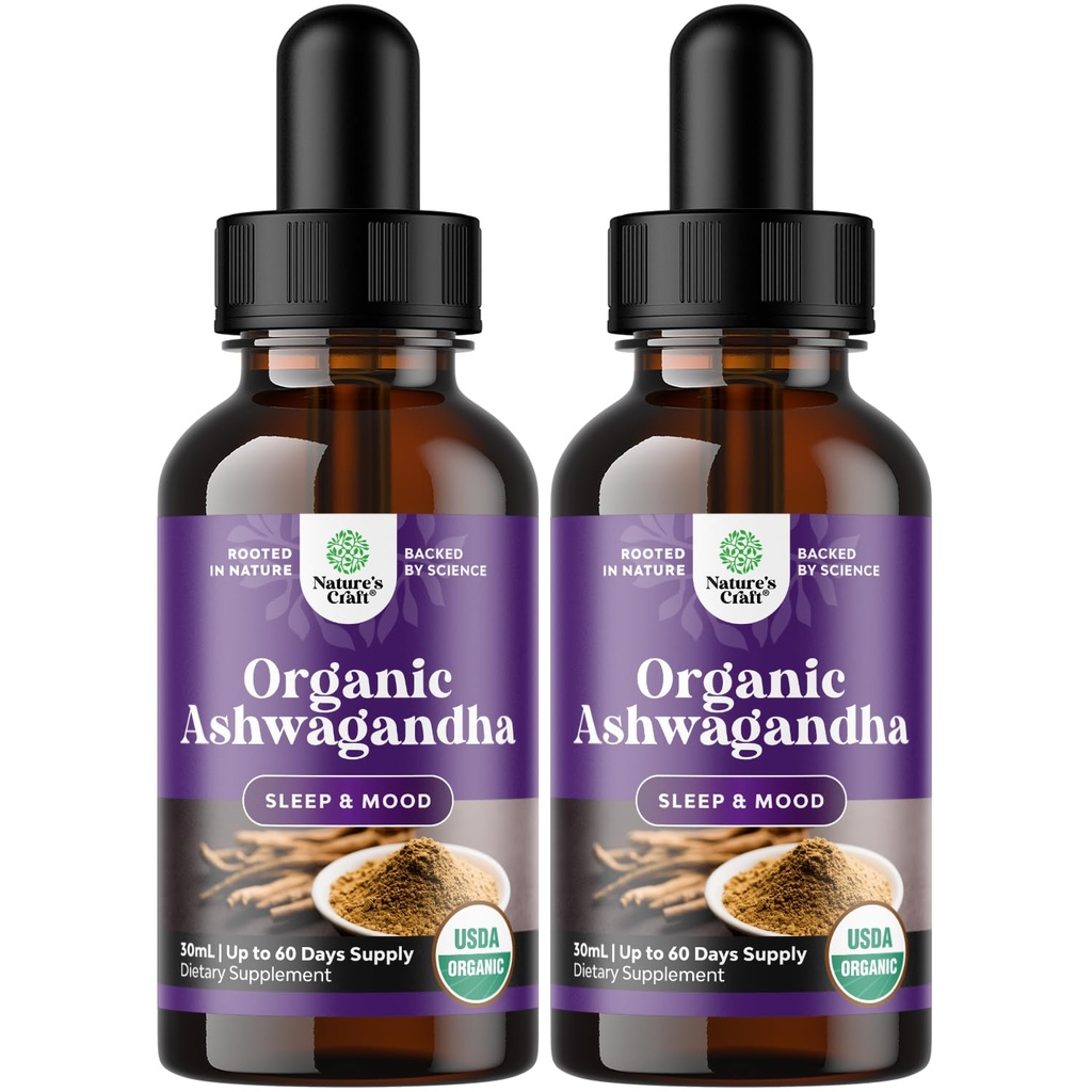 Naturas Craft USDA Organic Ashwagandha Picături lichide - lichid Ashwagandha Root Extract de stres și suport de mood - Tasty Adaptogene Tinctură non OMG Vegan Gluten alcool și zahăr gratuit (2 ambalaj)
