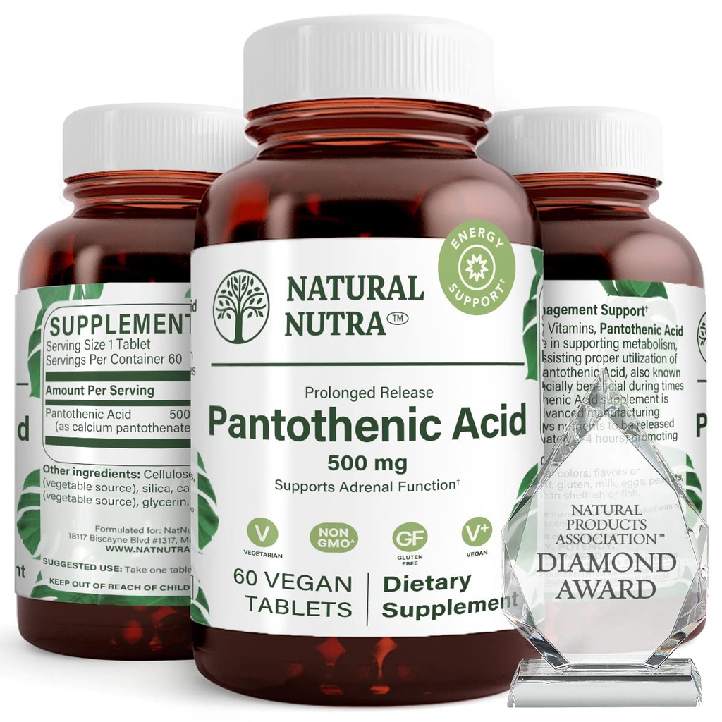 Natural Nutra timp de eliberare Acid pantonic 500 mg, Vitamina B5 Supliment ajută rupe în jos grăsime și carbohidrați, metabolice și de energie, Îmbunătățirea sănătății musculare, Reduce petele pielii, 60 comprimate vegetariene