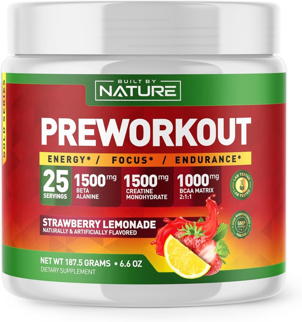 Construit de Nature Pre Workout pulbere cu Beta Alanine, Creatina Monohidrat, BCAA, L Citrulină, L Arginina și Cafeina - aroma de căpșuni Lemonade - 25 Serviri