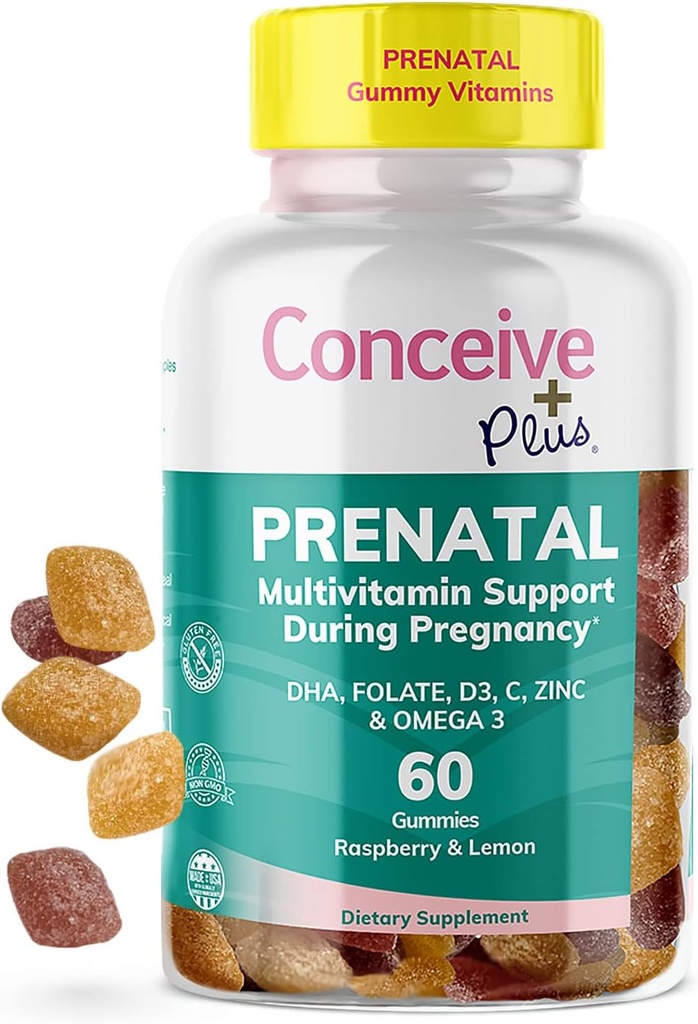 CONCEIVE PLUS Gume prenatale - DHA, Acid folic, vitamina D3, C, zinc, și Omega 3, Lemon natural + aromă de zmeură, 60 Conte, 30 de zile de aprovizionare