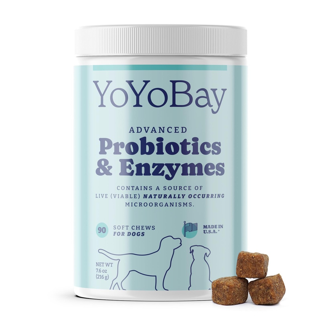 Probiotice pentru câini, Probiotice câine și enzime digestive, Pre & Probiotic Peste 1 miliard CFU, pentru sănătate gută și sănătate digestivă, Echilibru drajeuri, Suport imun, 90 Chews moale