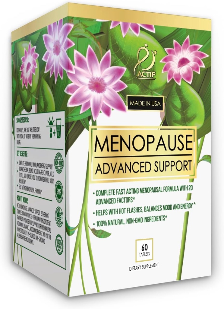 Actif Menopause Advanced Support with 20+ Environmental Vitamins and Herbs - Relieves Hot Flashes, Night Sweats - Non OMG, Fast Acting, Made in USA, 60 Count