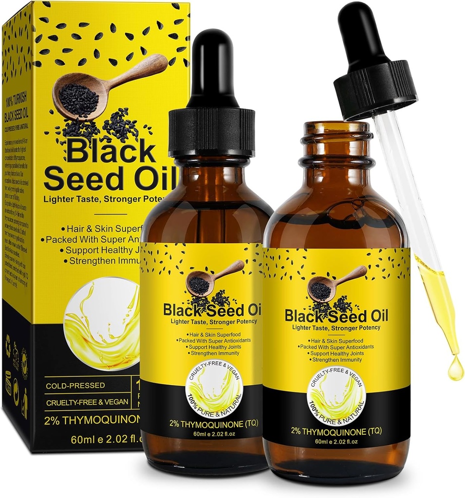 Ulei negru de semințe 2PACK, 100% semințe negre pure ulei presat la rece nerafinat, bogat în vitamina D3, K2 & E, Black Seed supliment ulei picătură pentru suport imunitar, non-GMO (2x60ml)